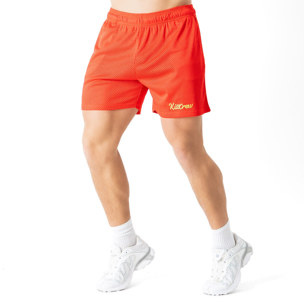 VENTED MESH SHORTS SCRIPT - RED / GOLD