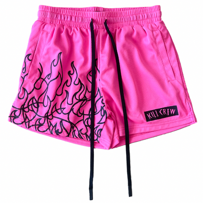 MUAY THAI FLAME SHORTS (MID THIGH CUT) - PINK / BLACK Hover Image