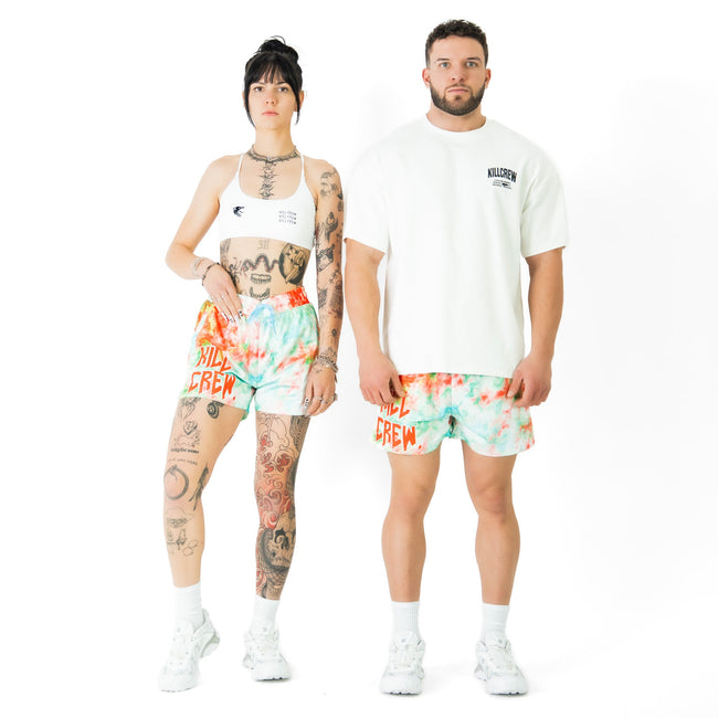 MUAY THAI SHORTS (MID THIGH CUT) TIE DYE - RED / GREEN Main Image