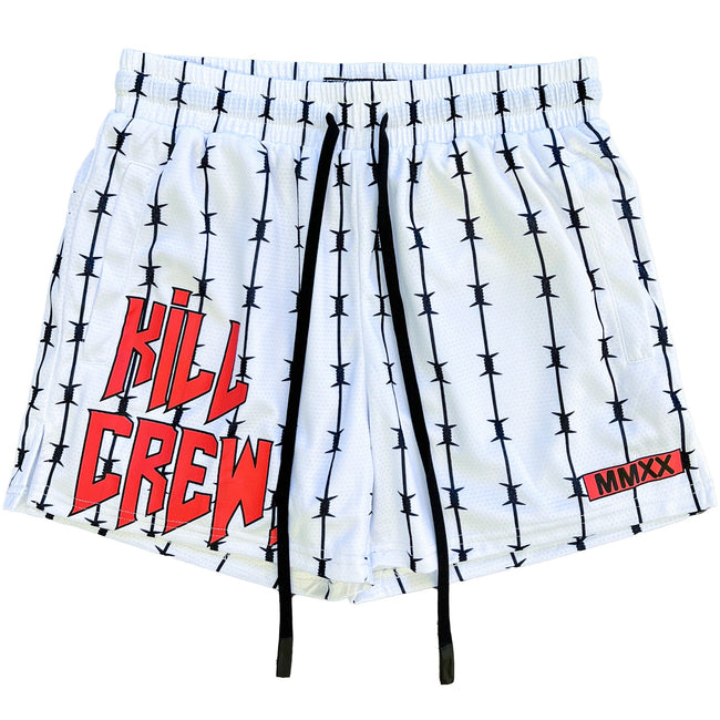 BARBWIRE MUAY THAI SHORTS (MID THIGH CUT) - WHITE / RED Hover Image