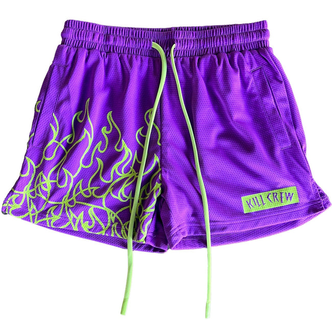MUAY THAI FLAME SHORTS (MID THIGH CUT) - PURPLE / GREEN Hover Image