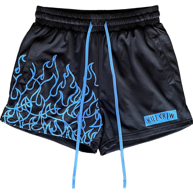 MUAY THAI FLAME SHORTS (MID THIGH CUT) - BLACK / BLUE Hover Image