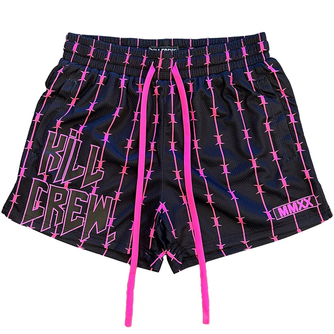 BARBWIRE MUAY THAI SHORTS (MID THIGH CUT) - BLACK / PINK Hover Image