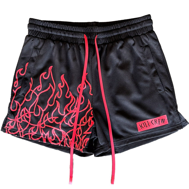 MUAY THAI FLAME SHORTS (MID THIGH CUT) - BLACK / RED Hover Image