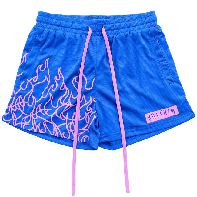MUAY THAI FLAME SHORTS (MID THIGH CUT) - BLUE / PINK Hover Image