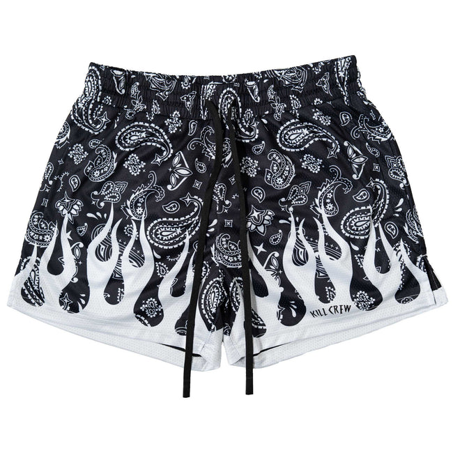 MUAY THAI SHORTS (MID THIGH CUT) BANDANA FLAME - BLACK / WHITE Hover Image