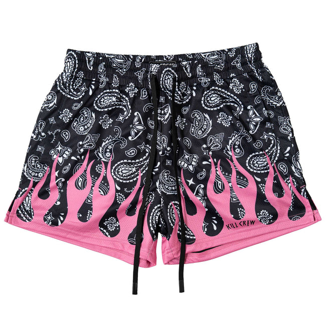 MUAY THAI SHORTS (MID THIGH CUT) BANDANA FLAME - BLACK / PINK Hover Image