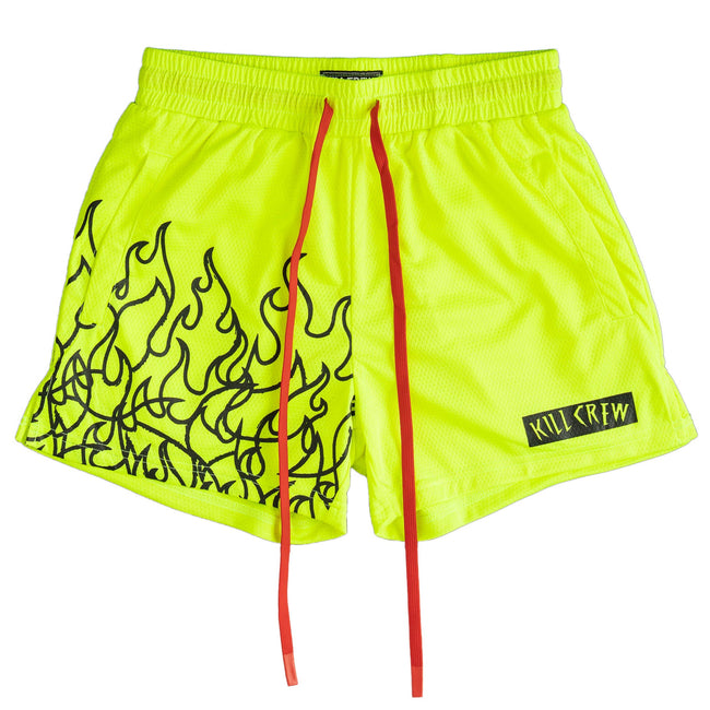 MUAY THAI FLAME SHORTS (MID THIGH CUT) - NEON YELLOW / BLACK Hover Image