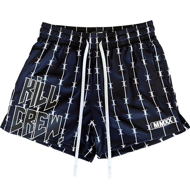 BARBWIRE MUAY THAI SHORTS (MID THIGH CUT) - BLACK / WHITE Hover Image